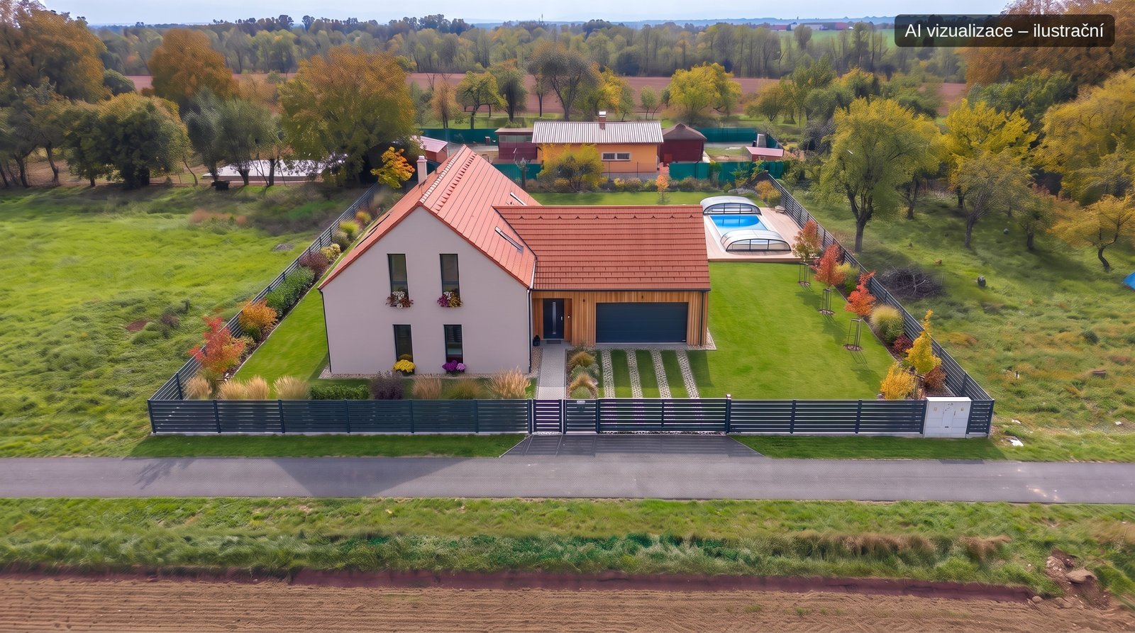 AI vizualizace rodinného domu na pozemku v Krušinách